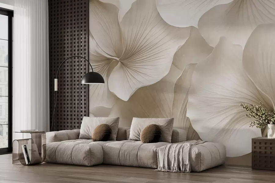 wall murals White and beige gingko leaves, soft  textured, abstract floral background, minimalist modern style w09421v1