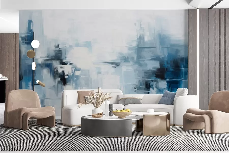 wall murals Abstract textured landscape painting imitation with blue and white brushstrokes, modern style w09422