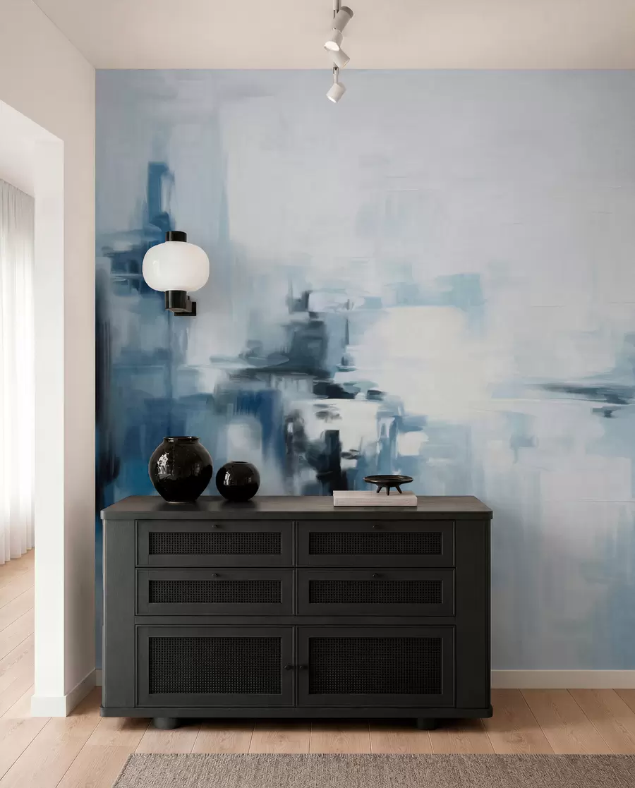 wall murals Abstract textured landscape painting imitation with blue and white brushstrokes, modern style w09422
