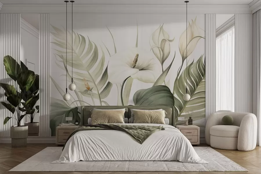 wall murals White calla lilies and green tropical leaves, botanical illustration, light background, vintage style, textured w09423