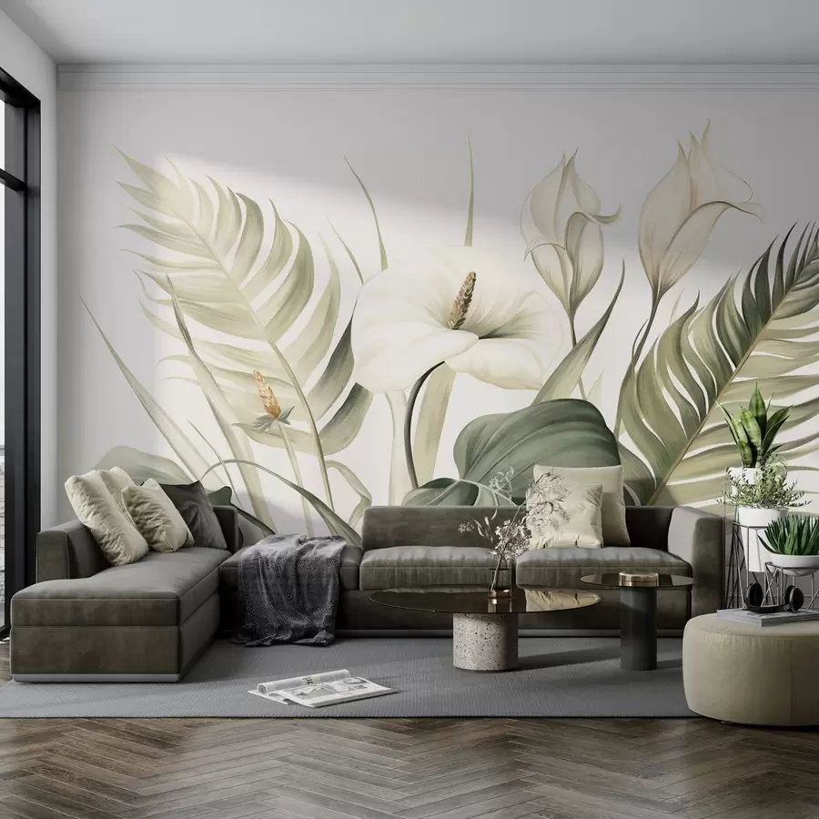 wall murals White calla lilies and green tropical leaves, botanical illustration, light background, vintage style, textured w09423