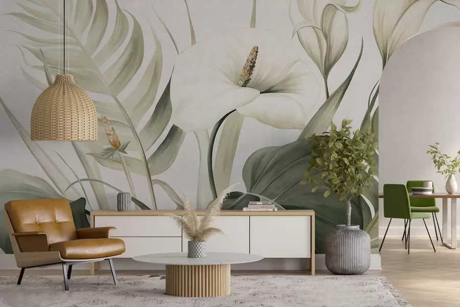 wall murals White calla lilies and green tropical leaves, botanical illustration, light background, vintage style, textured w09423