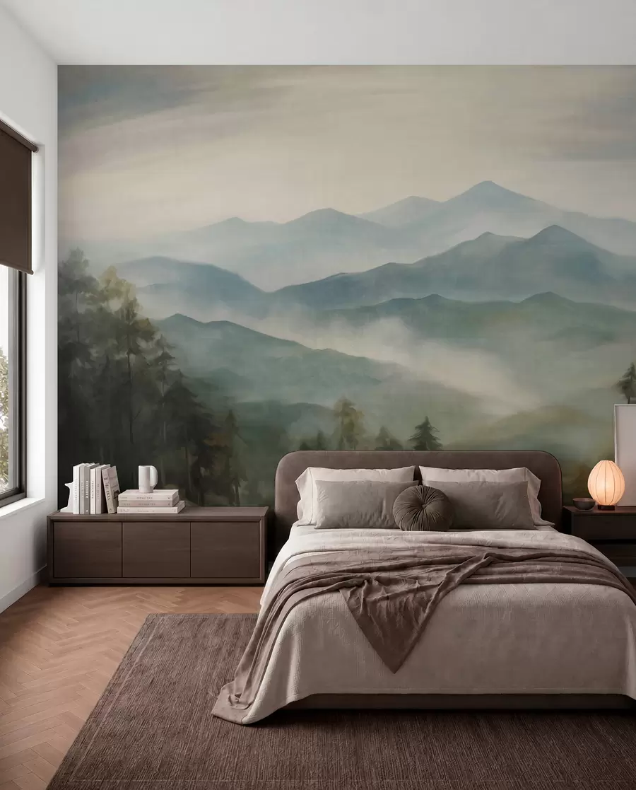 wall murals Misty mountain range with trees, fog, cloudy sky, muted colors, landscape painting style w09424