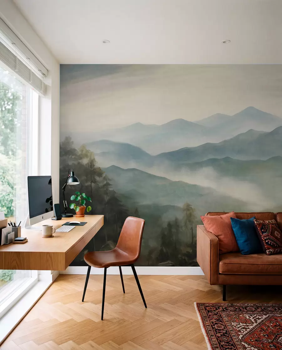 wall murals Misty mountain range with trees, fog, cloudy sky, muted colors, landscape painting style w09424