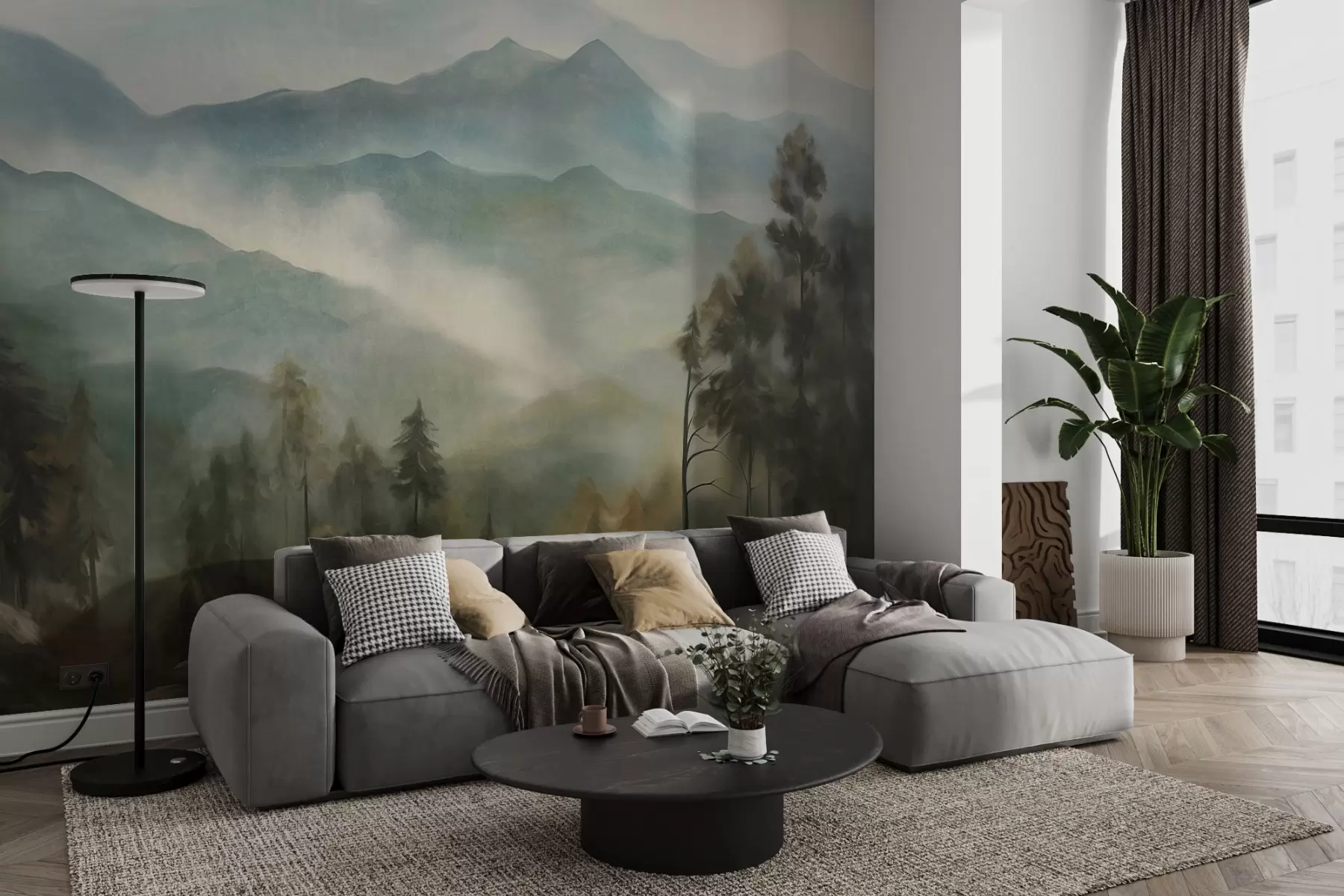 wall murals Misty mountain range with trees, fog, cloudy sky, muted colors, landscape painting style w09424