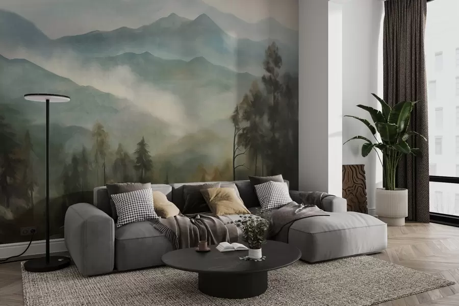 wall murals Misty mountain range with trees, fog, cloudy sky, muted colors, landscape painting style w09424