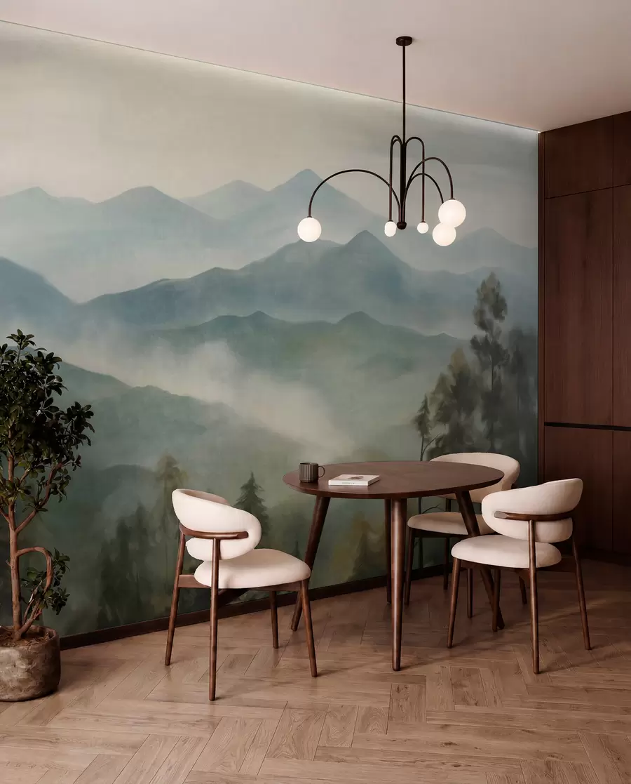 wall murals Misty mountain range with trees, fog, cloudy sky, muted colors, landscape painting style w09424