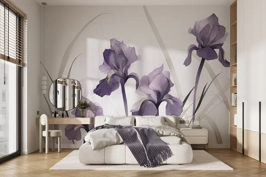 wall murals Purple iris flowers with green stems, watercolor painting style, white background, soft colors, elegant, artistic w09425