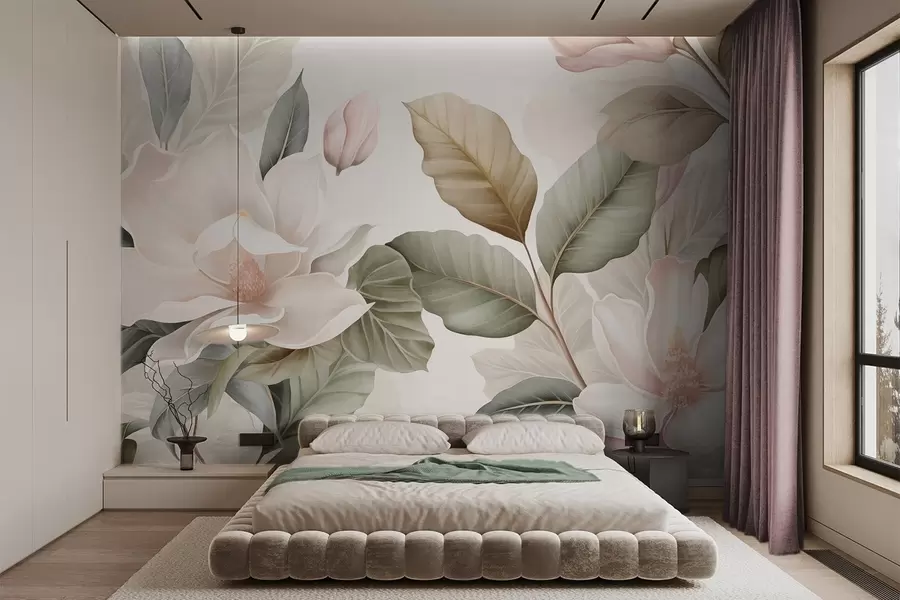 wall murals Magnolia flowers with leaves in pastel colors, white, pink and green, soft, delicate, watercolor style w09427