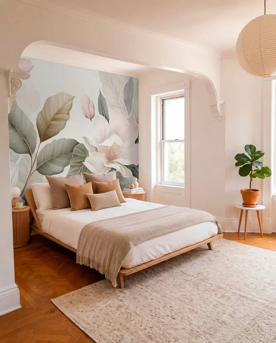 wall murals Magnolia flowers with leaves in pastel colors, white, pink and green, soft, delicate, watercolor style w09427