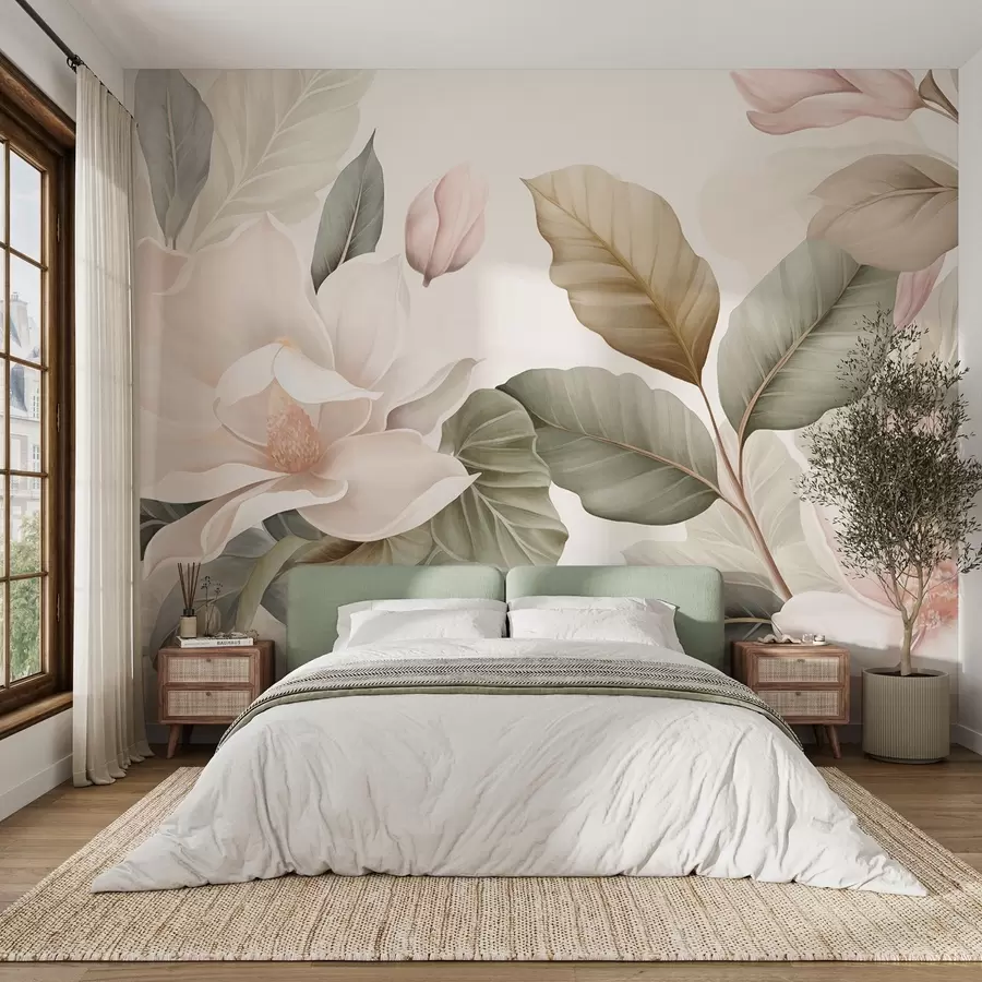 wall murals Magnolia flowers with leaves in pastel colors, white, pink and green, soft, delicate, watercolor style w09427