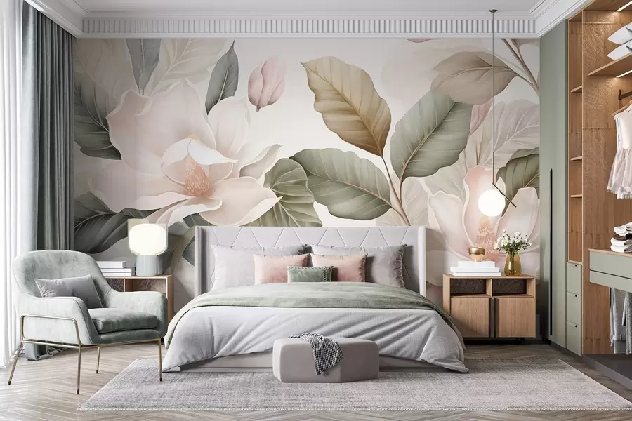 wall murals Magnolia flowers with leaves in pastel colors, white, pink and green, soft, delicate, watercolor style w09427