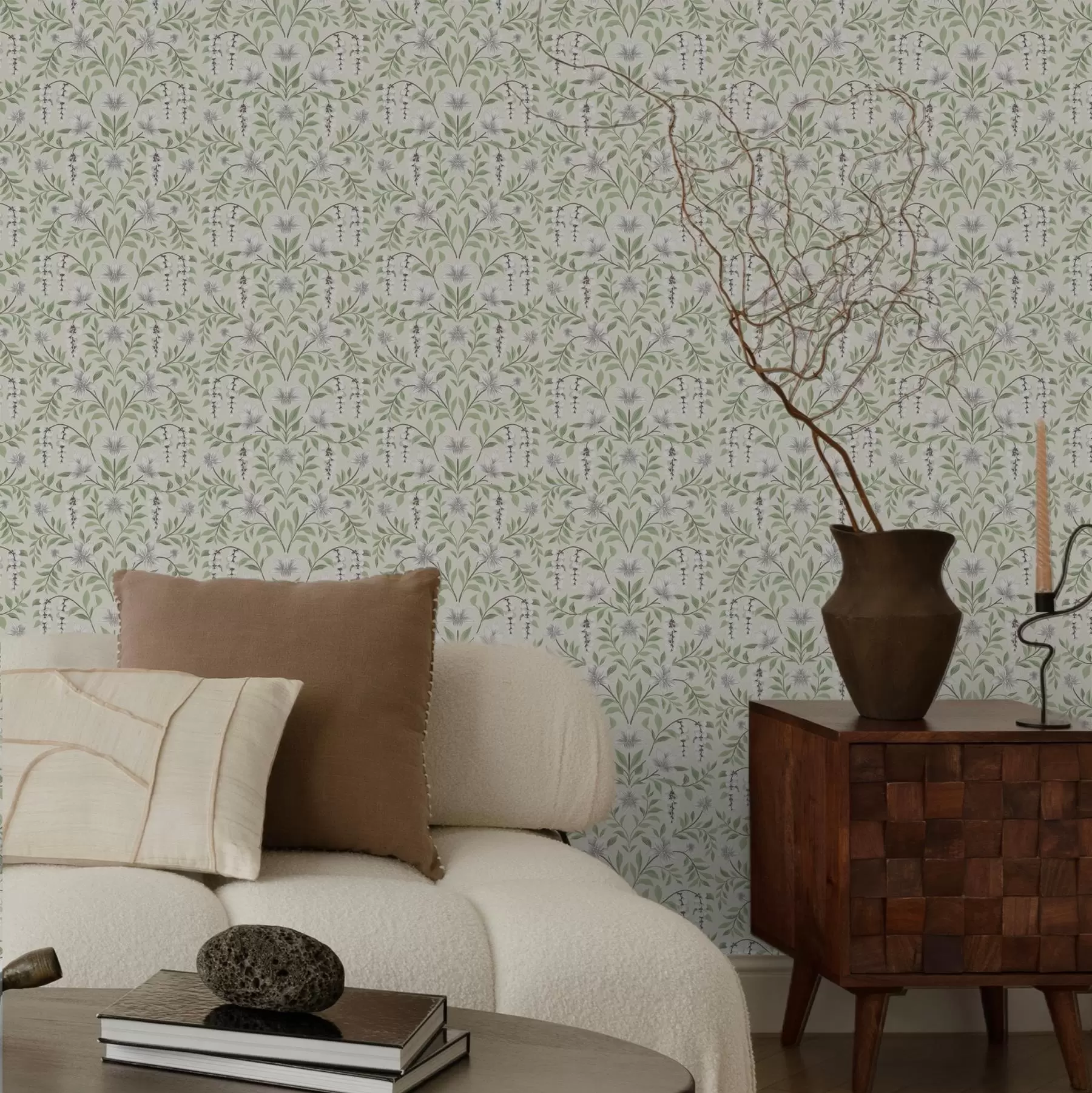 wall murals Light vine ornament with white flowers, symmetry a00609
