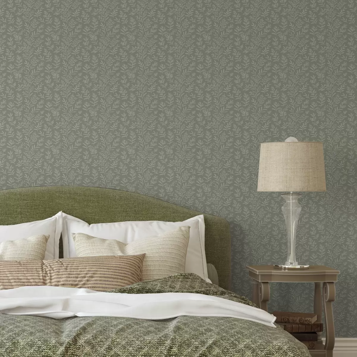 Wallpaper Green sage: fine herbs and inflorescences, delicate pattern a00611