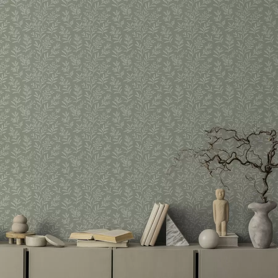 wall murals Green sage: fine herbs and inflorescences, delicate pattern a00611