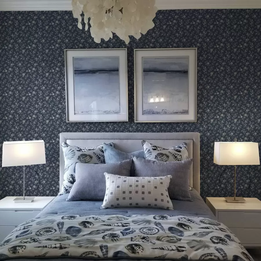 wall murals Dark navy background with thin beige branches and flowers a00612