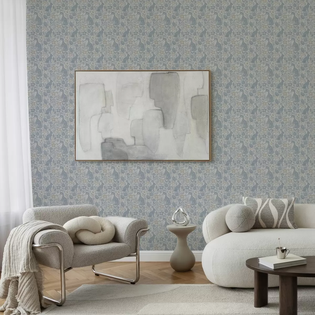 Wallpaper Forest animals and flowers: fox and hare in blue tones a00613