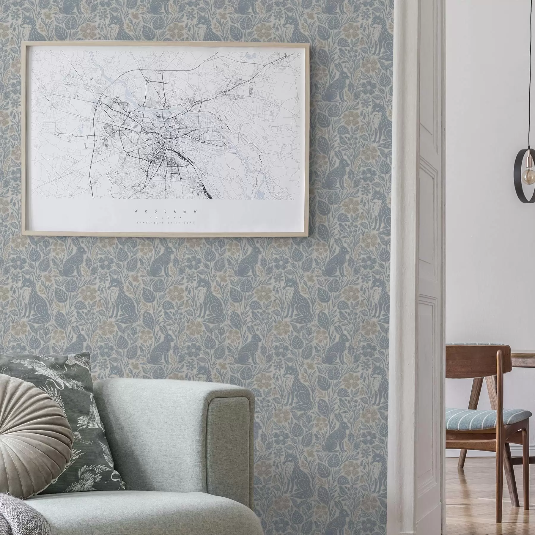 wall murals Forest animals and flowers: fox and hare in blue tones a00613