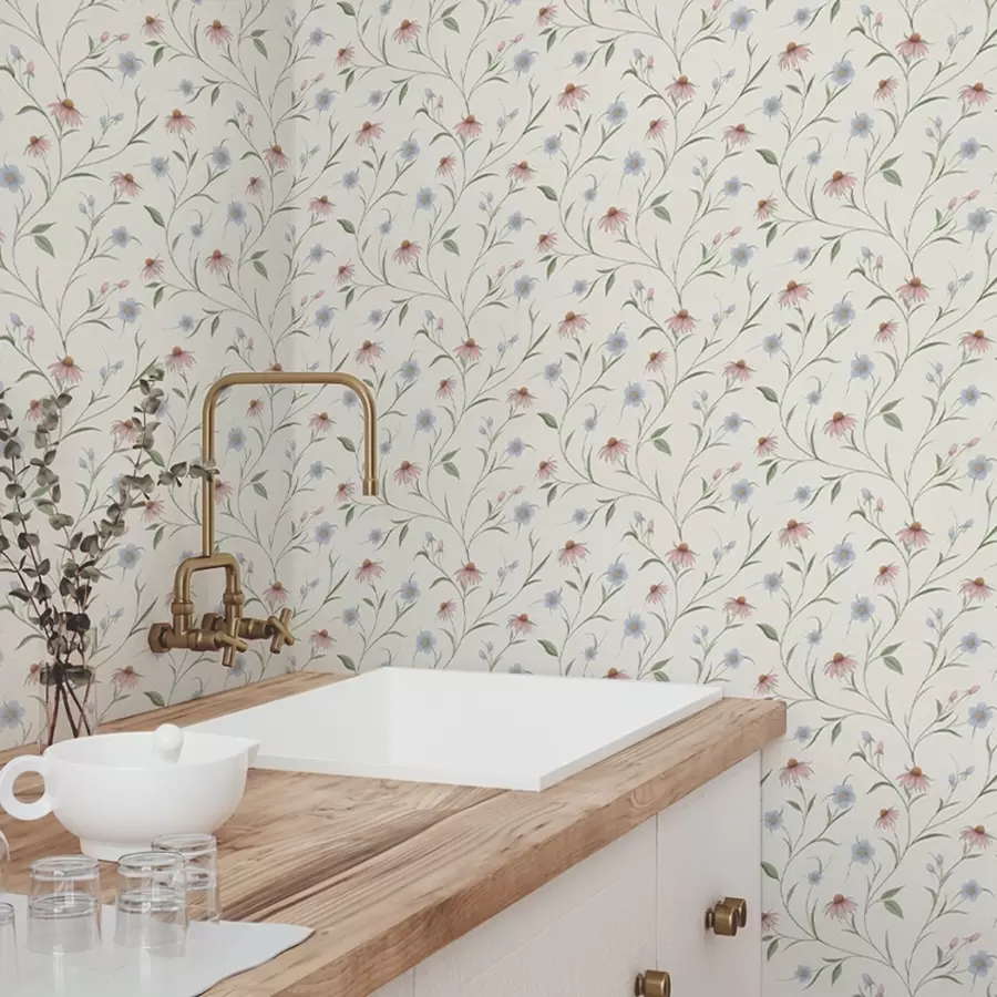 wall murals Field daisies and echinacea on a cream background, lightness a00614