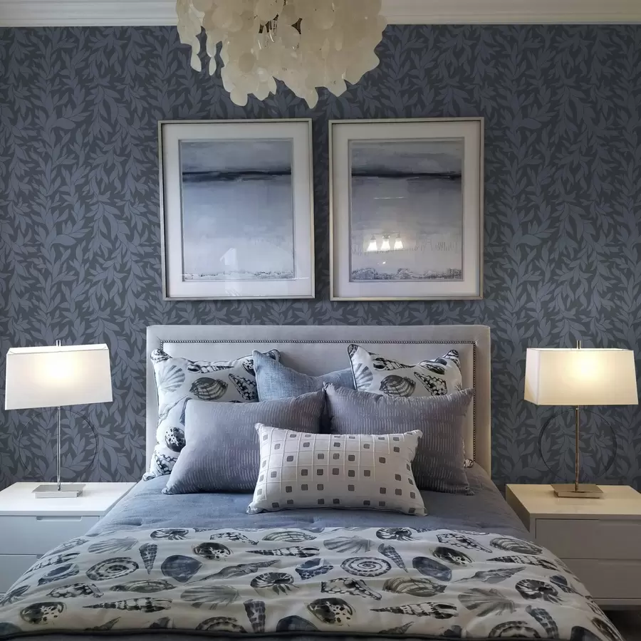 wall murals Graphite-blue background and blue leaves, textured stroke a00616v2