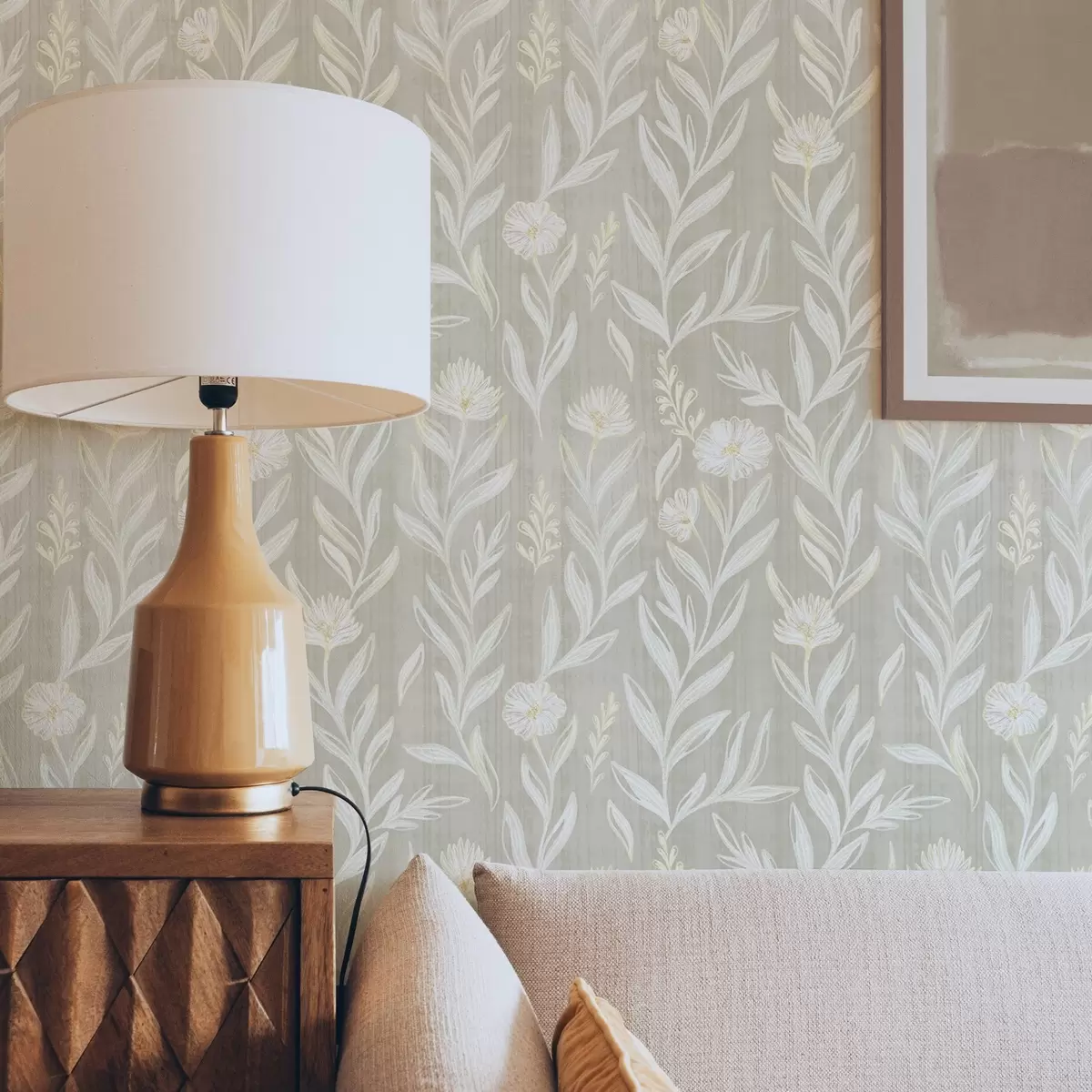 Wallpaper Light grasses and flowers on beige, sketchy lines a00618