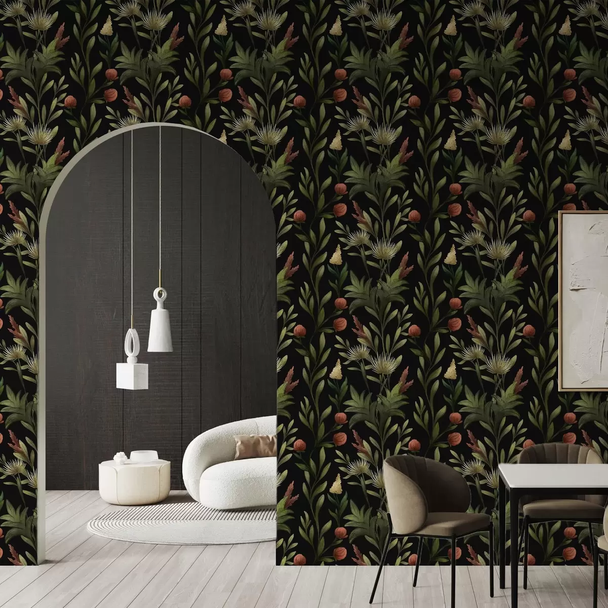 Wallpaper Tall grasses and blooms on black, detailed print a00620