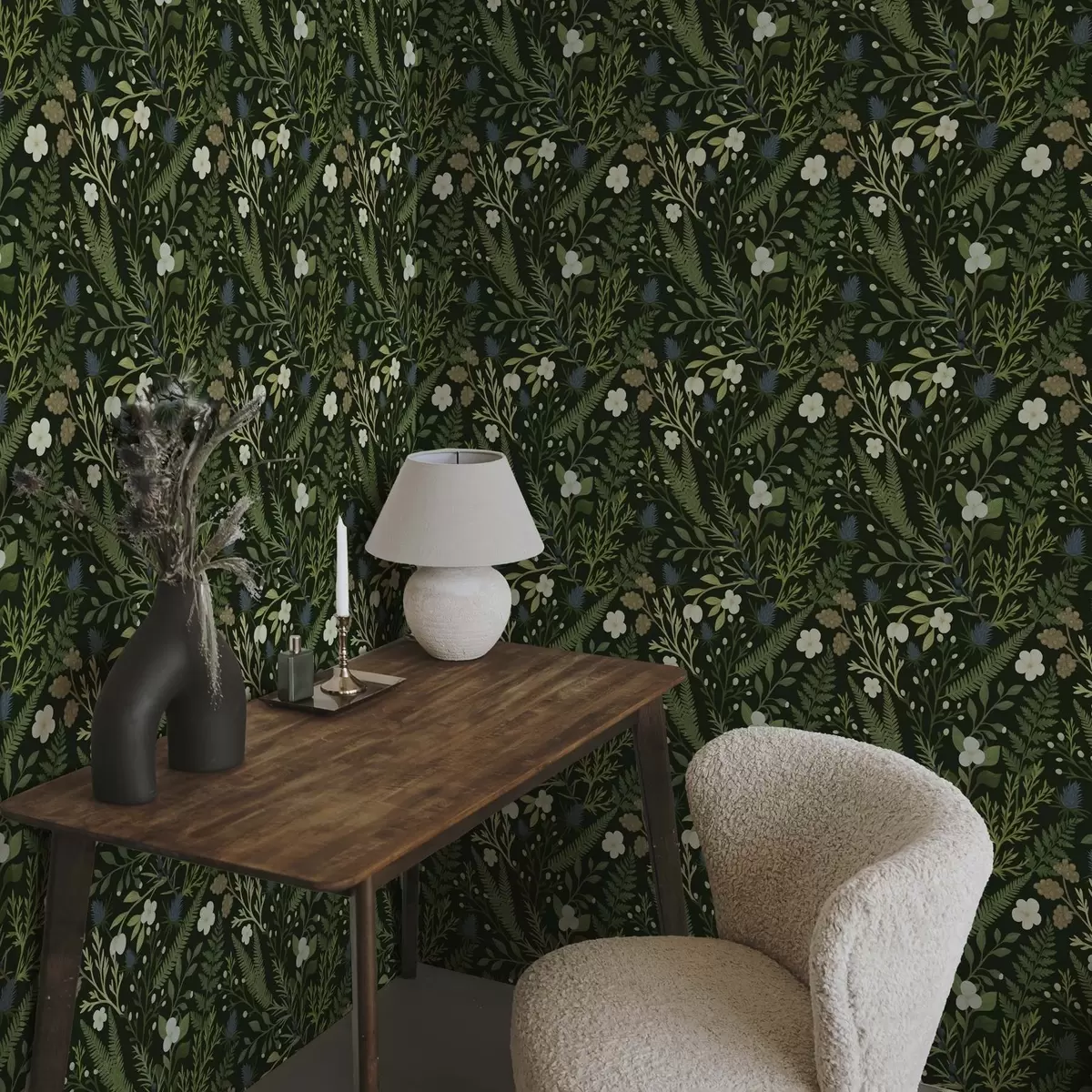 Wallpaper Woodland herbs and berries on a dark green background a00621v2