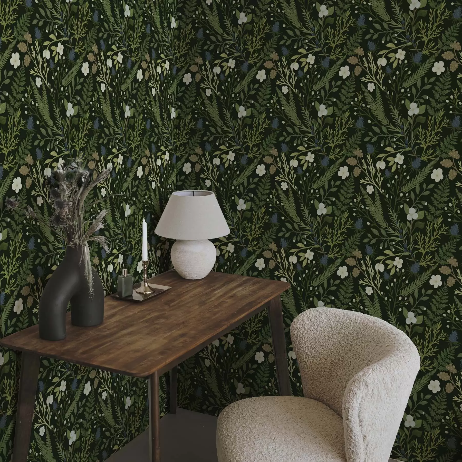 wall murals Woodland herbs and berries on a dark green background a00621v2