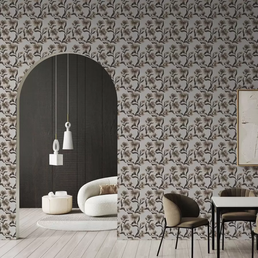 wall murals Beige flowers and dark branches on a light gray background a00626v1