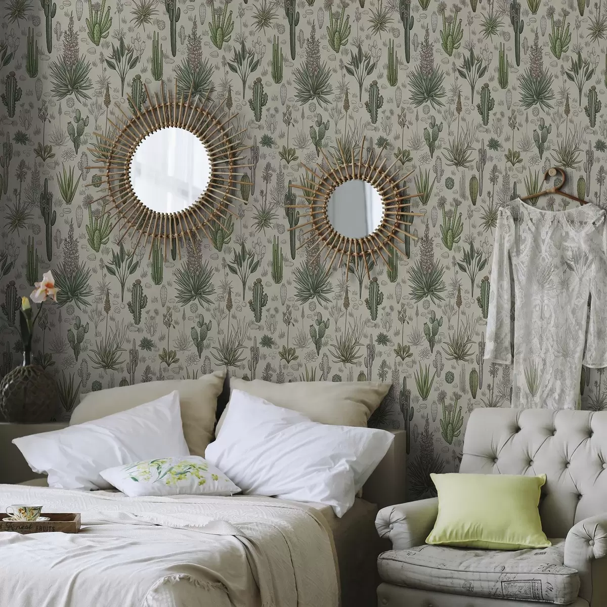Wallpaper Cacti and succulents on a warm background, detailed print a00666