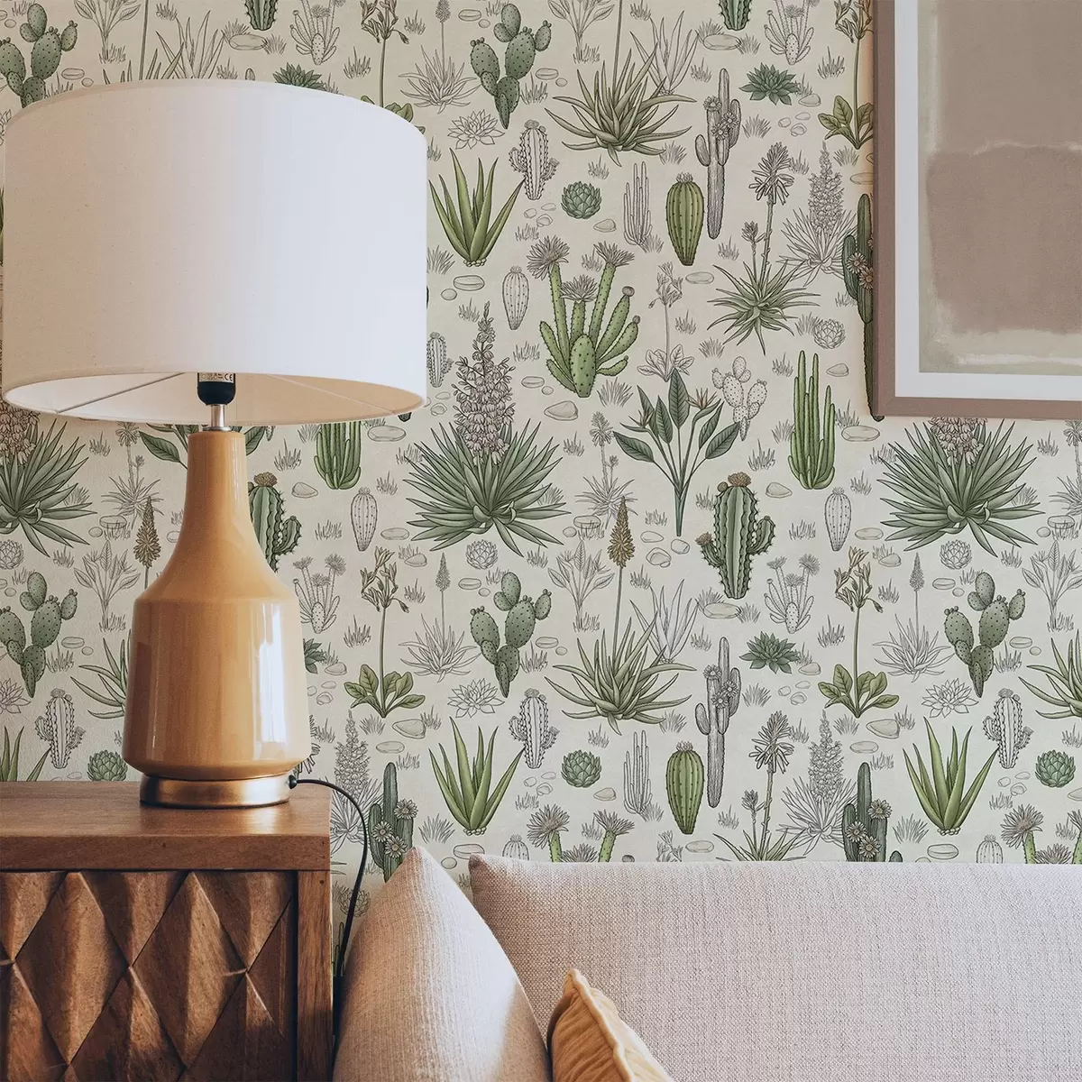 Wallpaper Cacti and succulents on a warm background, detailed print a00666