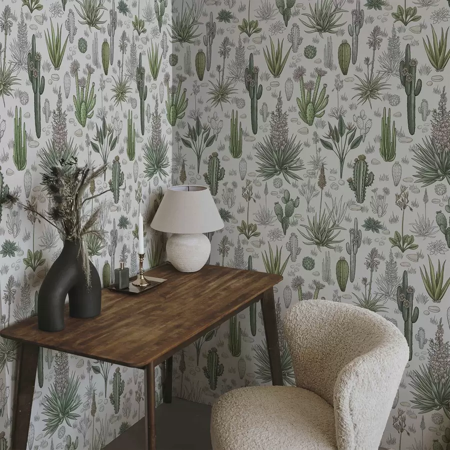 wall murals Cacti and succulents on a light background, linear style a00666v1