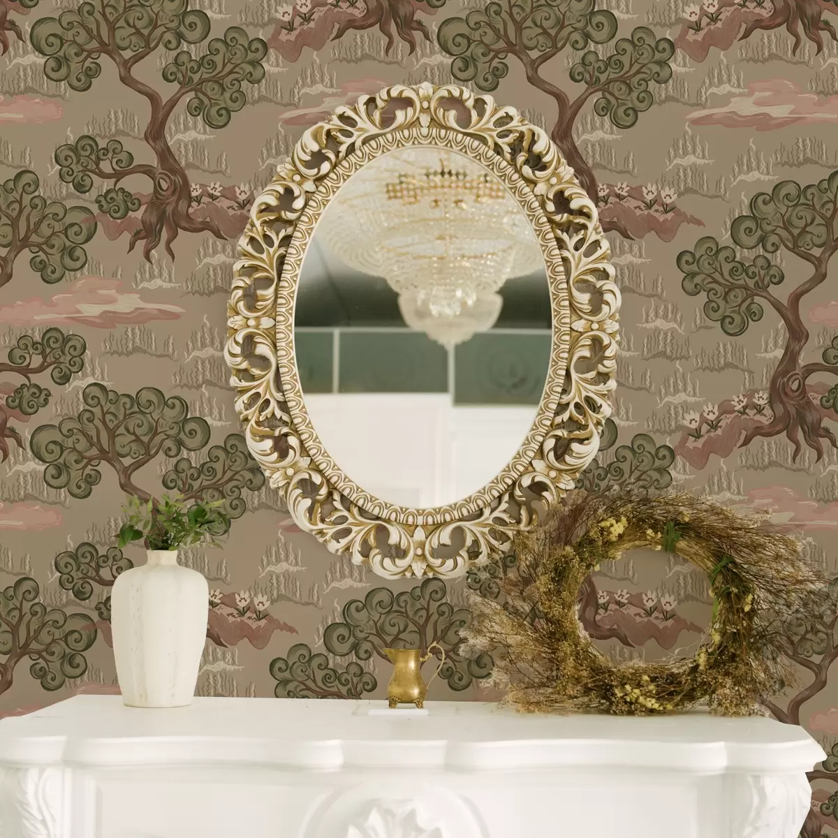 Wallpaper Eastern landscape with whimsical trees on a sandy background a00715