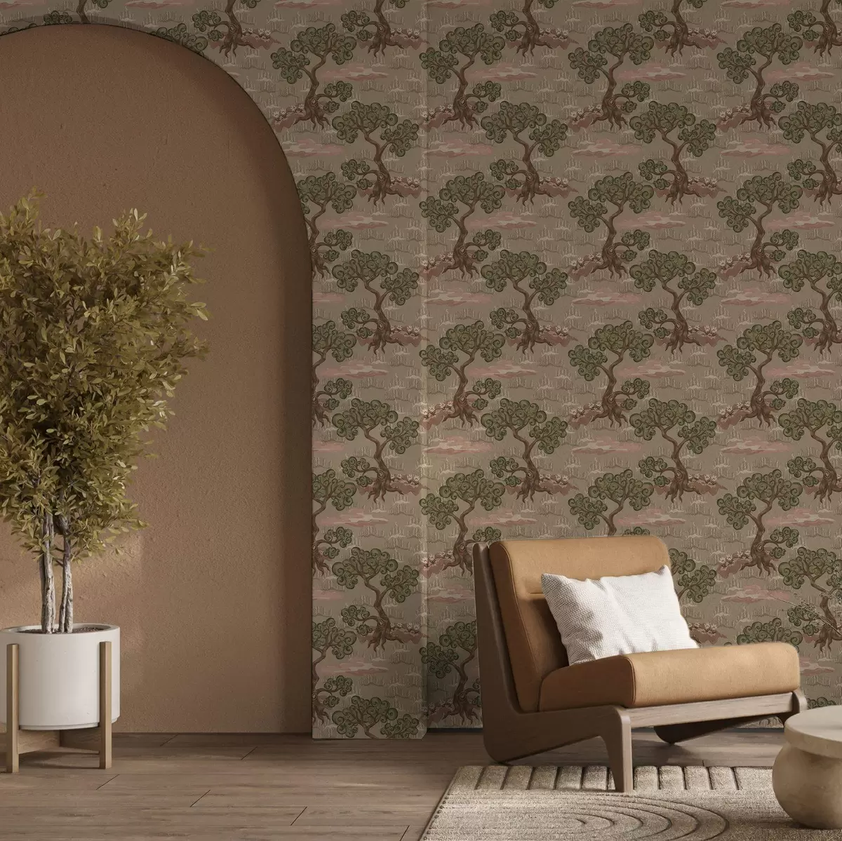 Wallpaper Eastern landscape with whimsical trees on a sandy background a00715