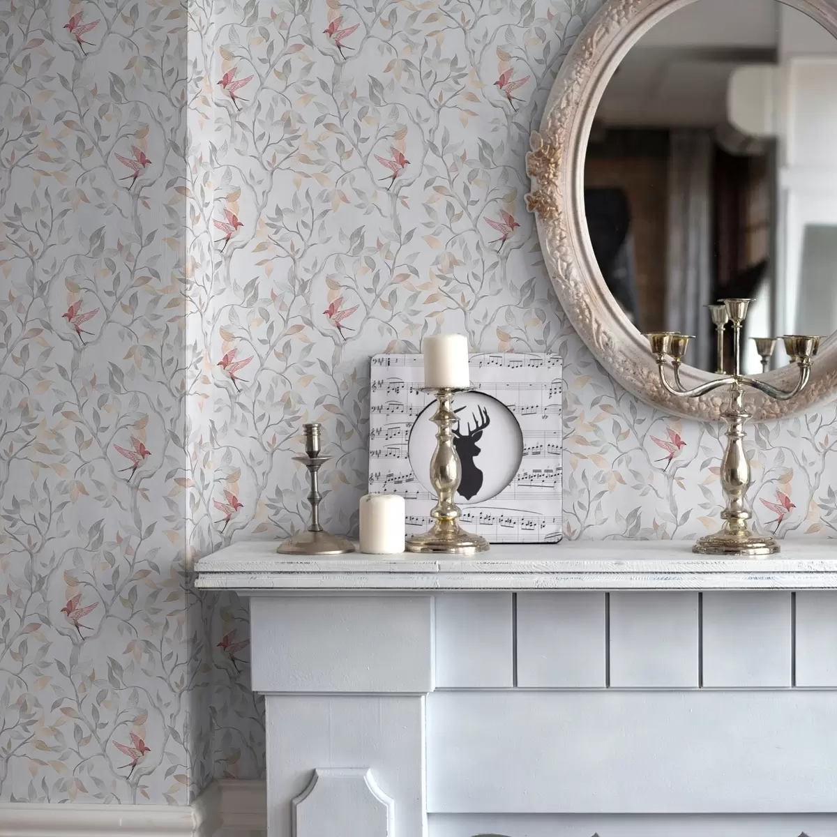 Wallpaper Light branches with leaves and birds in peach tones a00716