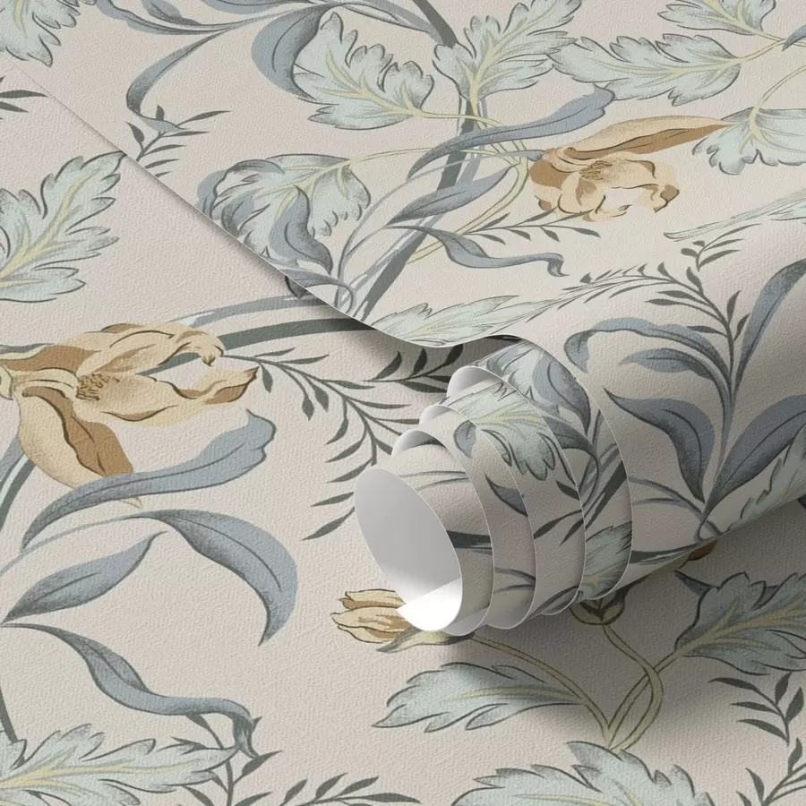 wall murals Vintage flowers with blue foliage on a cream background a00717