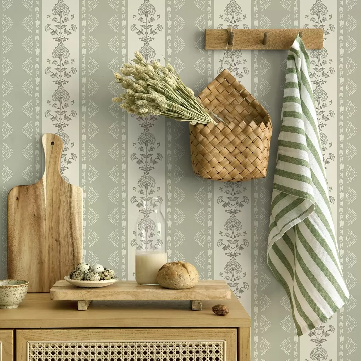 Wallpaper Striped ornament with floral columns in sage tones a00719