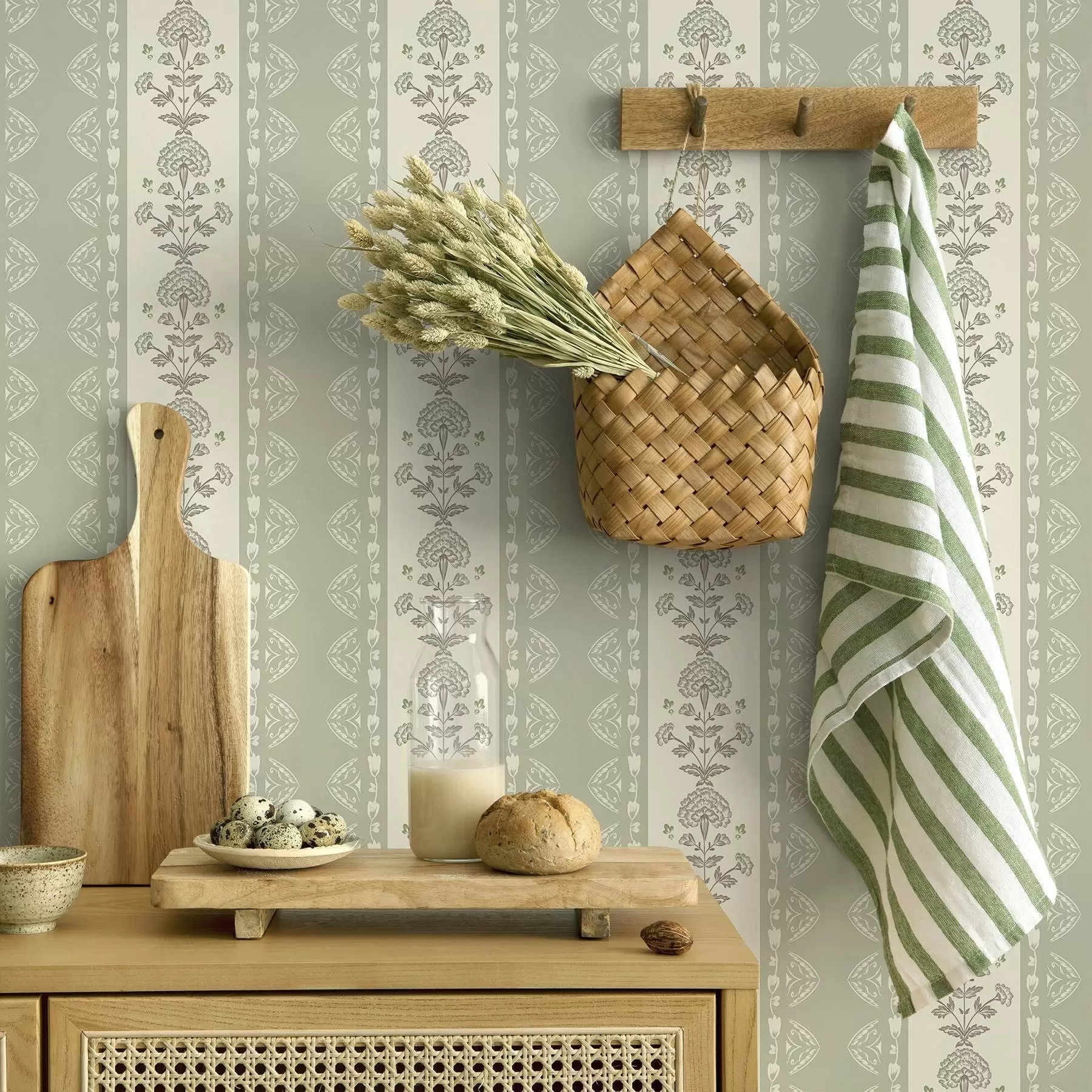 wall murals Striped ornament with floral columns in sage tones a00719