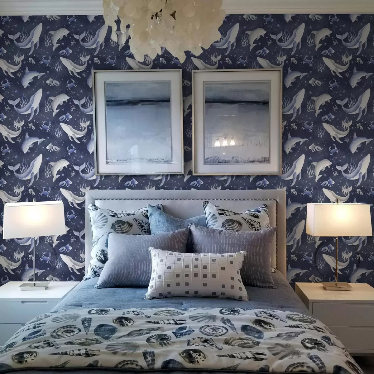 Wallpaper Sea whales, dolphins and crabs on a dark blue background a00720