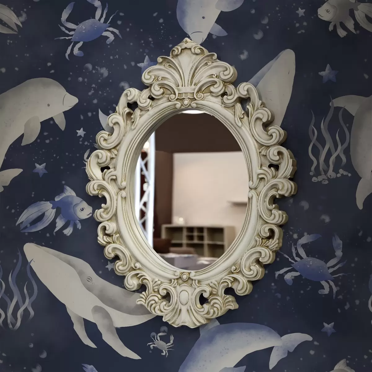 Wallpaper Sea whales, dolphins and crabs on a dark blue background a00720