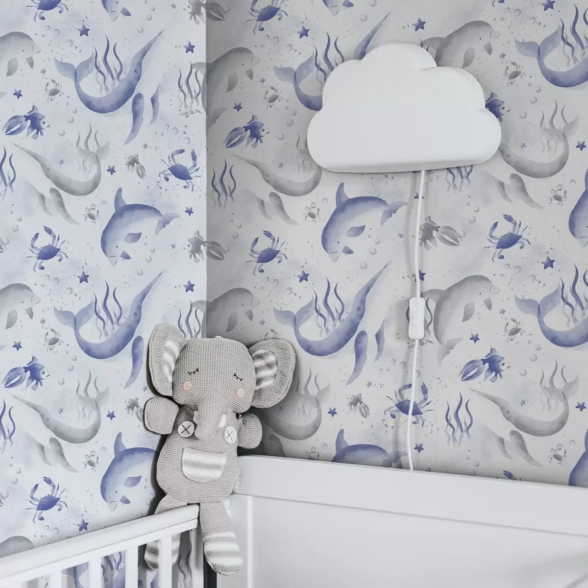 Wallpaper Sea whales and dolphins in blue tones on a white background a00720v1