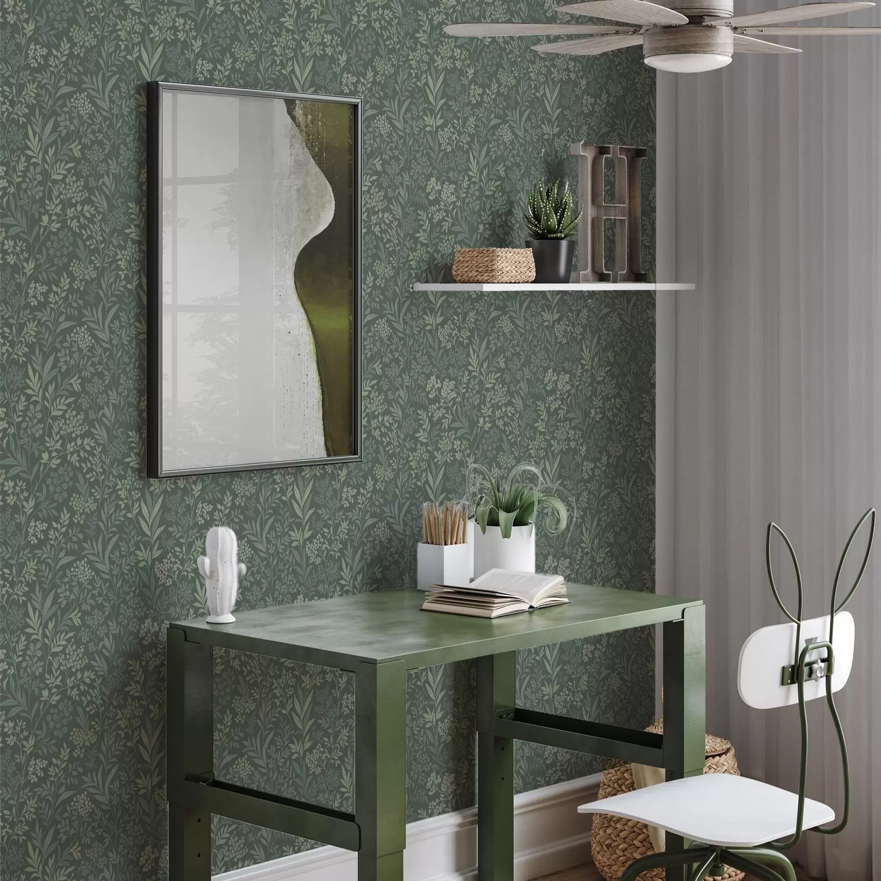 wall murals Emerald grasses and berries, fine botanical pattern a00740