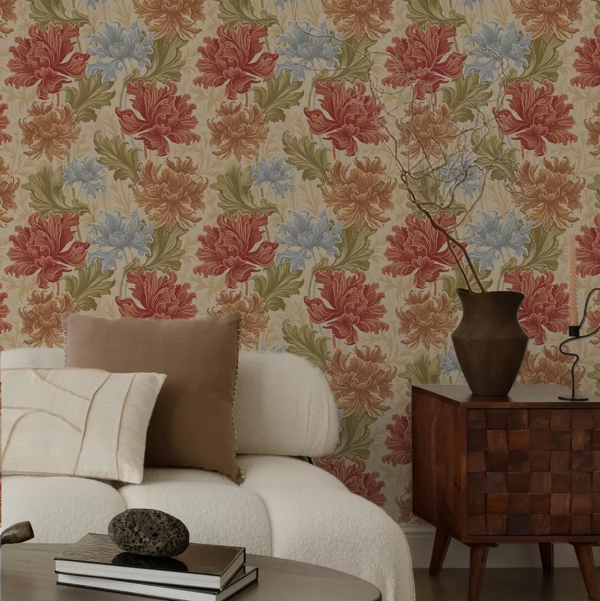 Wallpaper Large chrysanthemums in warm hues on a beige background a00743