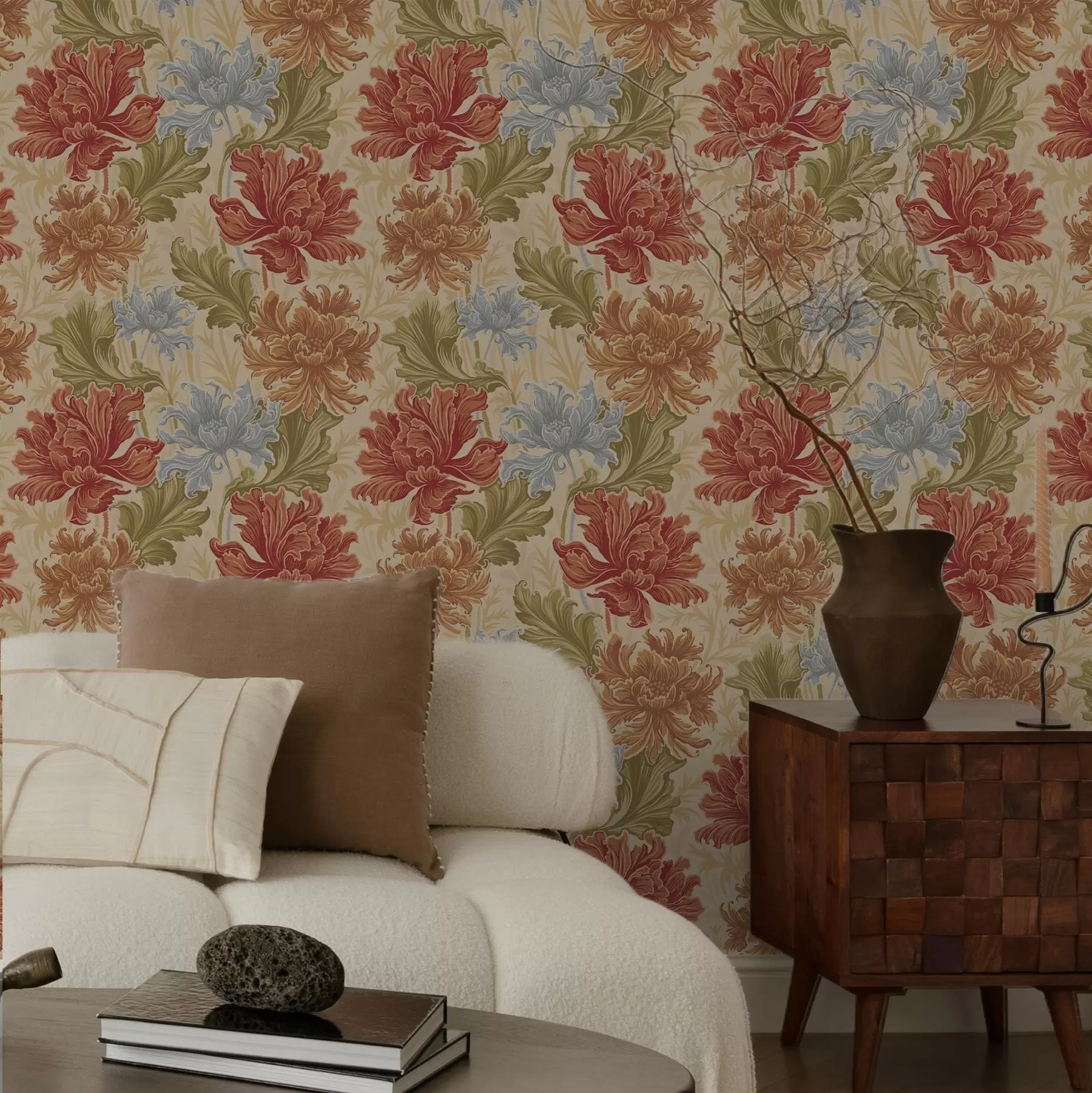 wall murals Large chrysanthemums in warm hues on a beige background a00743