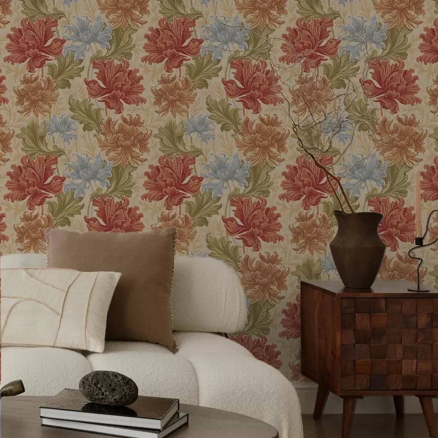 wall murals Large chrysanthemums in warm hues on a beige background a00743