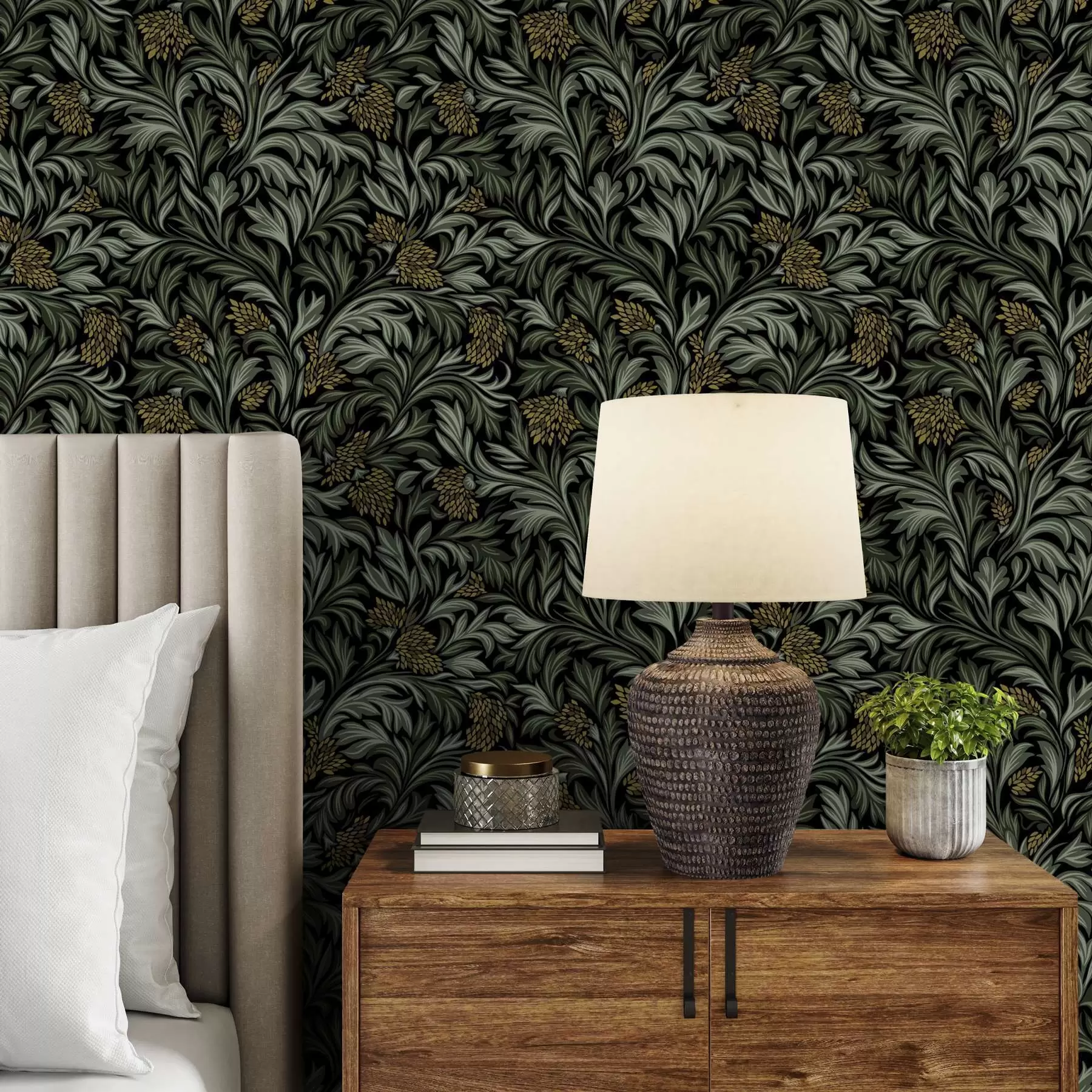 wall murals Dark acanthus leaves with yellow cones on black a00745