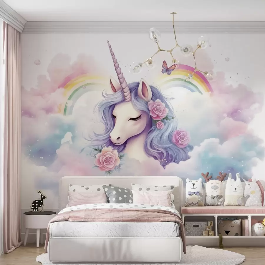 wall murals Pastel unicorn in clouds with rainbow and roses w03990