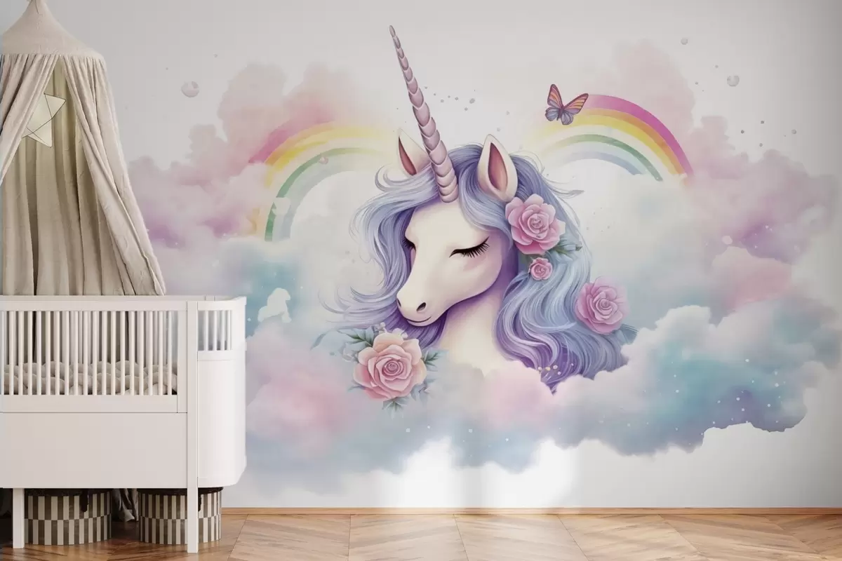 wall murals Pastel unicorn in clouds with rainbow and roses w03990