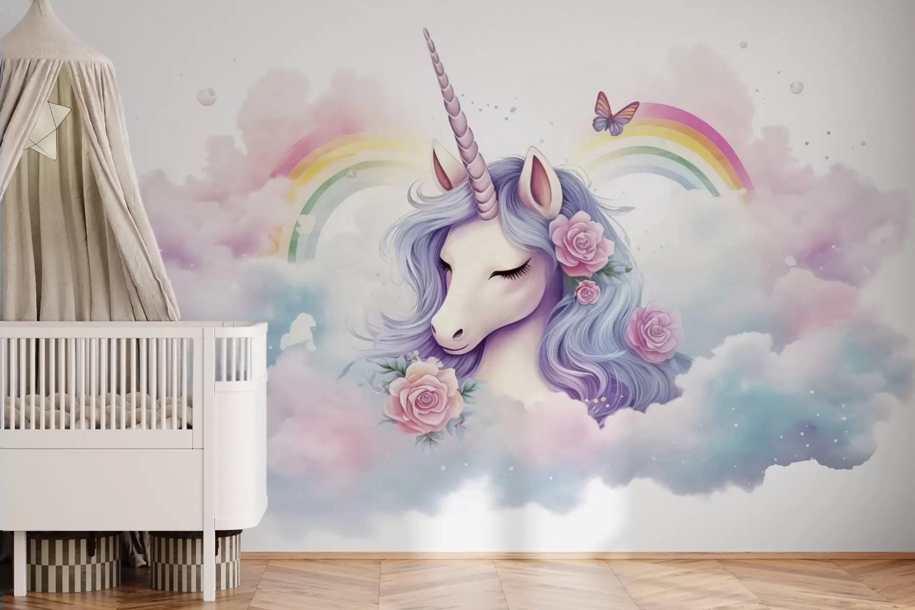 wall murals Pastel unicorn in clouds with rainbow and roses w03990