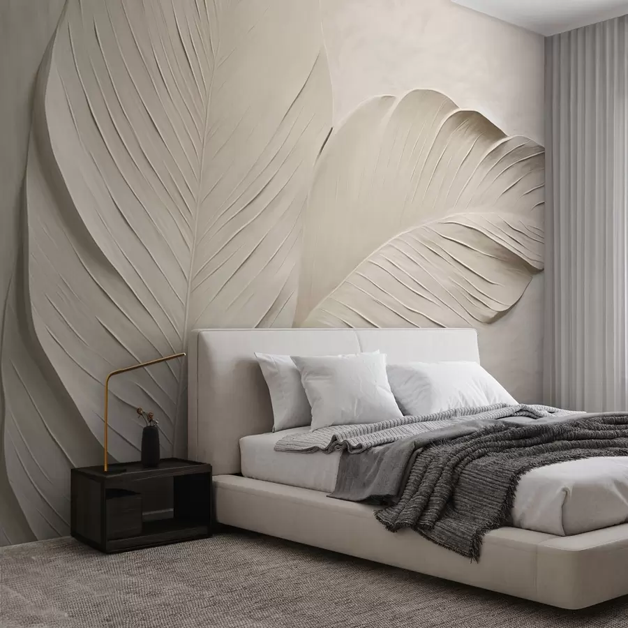 wall murals Embossed beige leaves with soft shadows w04614